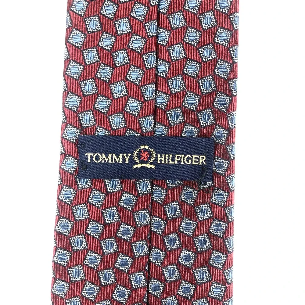 Classic VINTAGE Tommy Hilfiger Tie 100% Silk Red Blue Geometric Made in USA